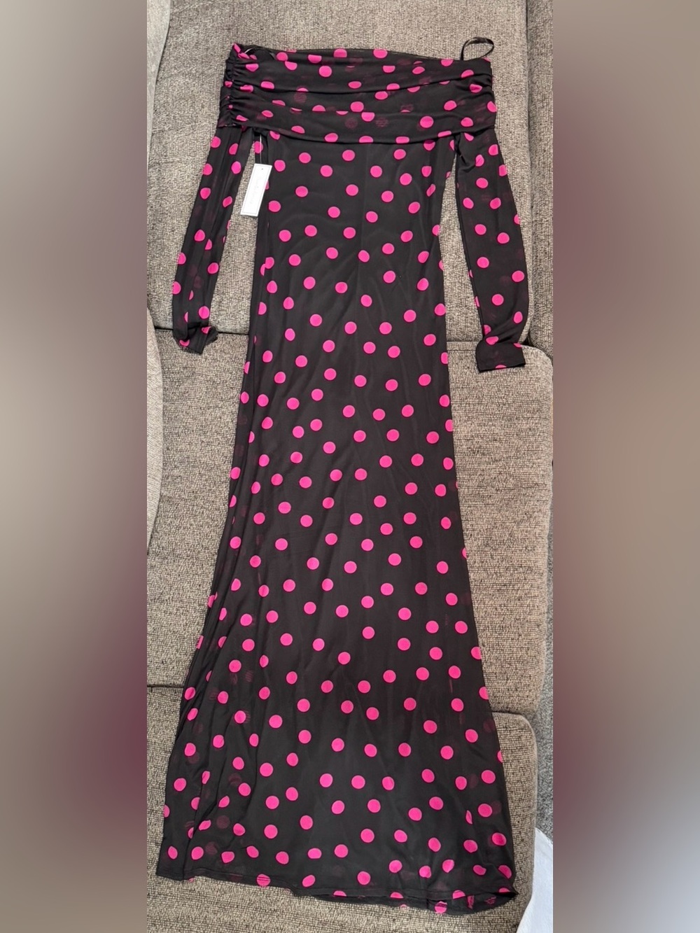 Off-Shoulder Black Maxi Dress with Pink Polka Dots NWT